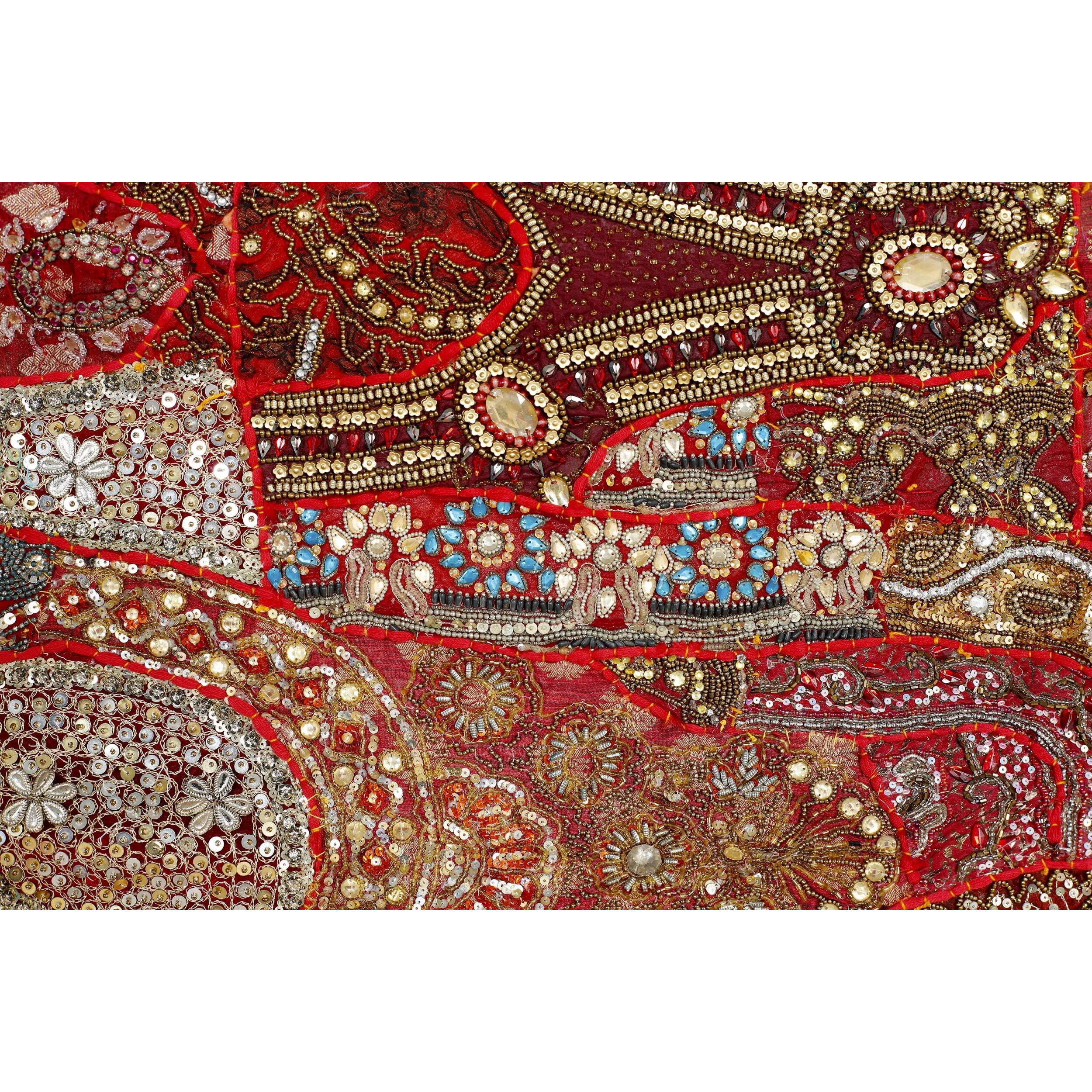 Handicraft-Palace Heavy Embroidery Beaded Wall Hanging Wall Decor Cotton Patchwork Wall Hanging Tapestry (Red)