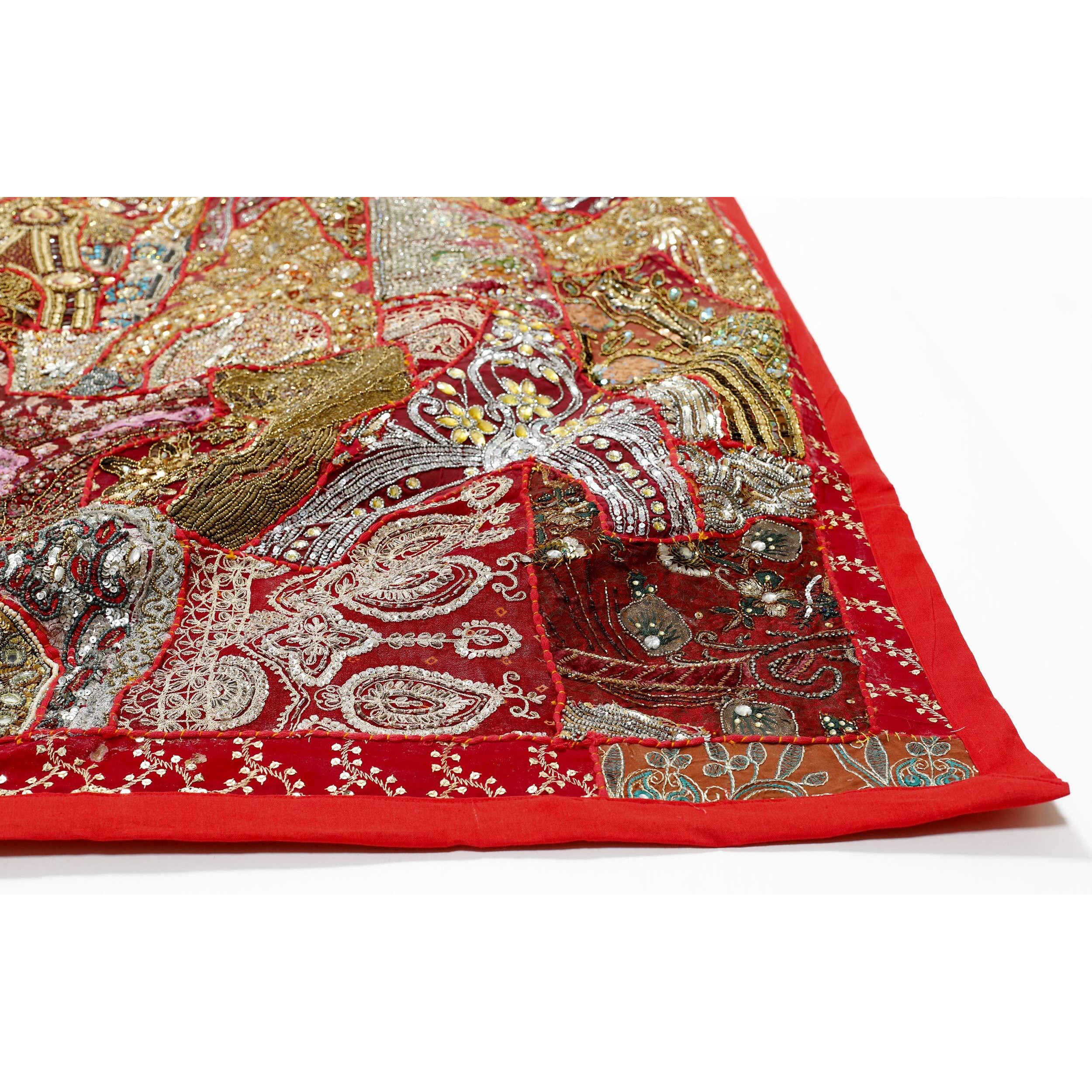 Handicraft-Palace Heavy Embroidery Beaded Wall Hanging Wall Decor Cotton Patchwork Wall Hanging Tapestry (Red)