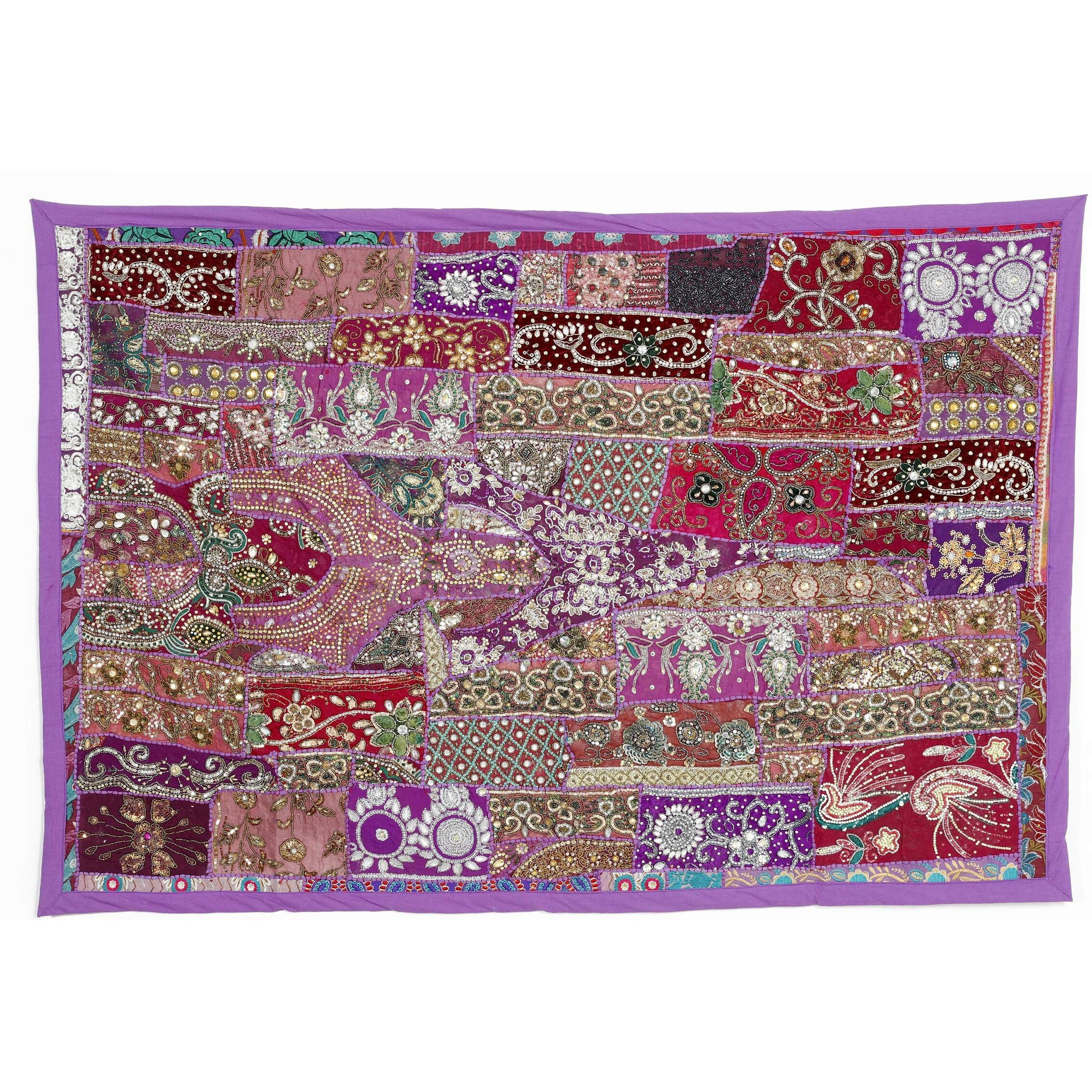 Handicraft-Palace Cotton Patchwork Embroidery Tapestry Cotton Wall Decor Hanging Beaded Tapestries 60" X 40" Inch (Purple)