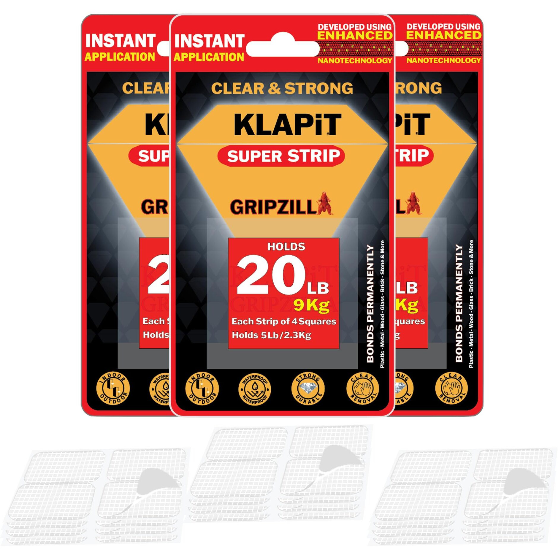 Klapit Super Strip Gripzilla 1 Inch Pre-Cut Heavy Duty, Double Sided Squares Holds 9Kg Clear Waterproof Nano Tape, Strong Adhesion Instant Use - Wall Wood Tile Glass Metal Stone, Indoor Outdoor 48Pc