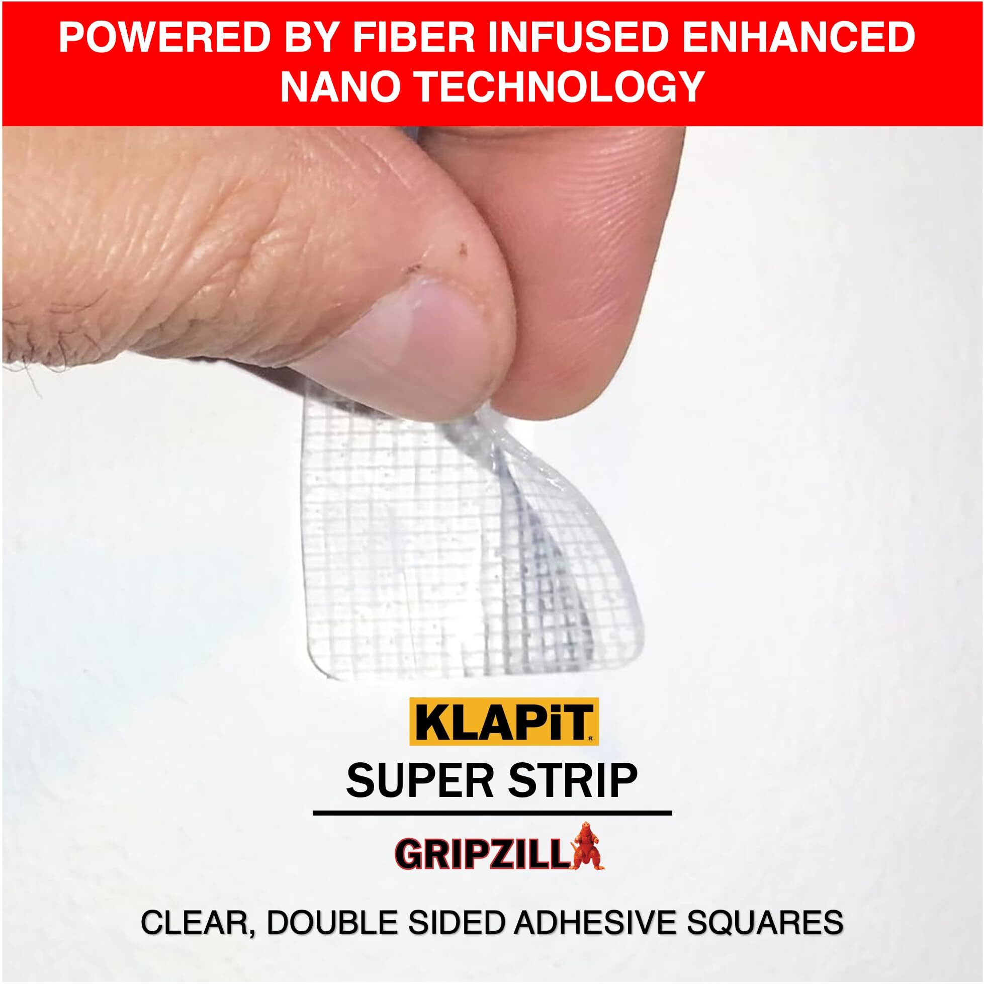 Klapit Super Strip Gripzilla 1 Inch Pre-Cut Heavy Duty, Double Sided Squares Holds 9Kg Clear Waterproof Nano Tape, Strong Adhesion Instant Use - Wall Wood Tile Glass Metal Stone, Indoor Outdoor 48Pc