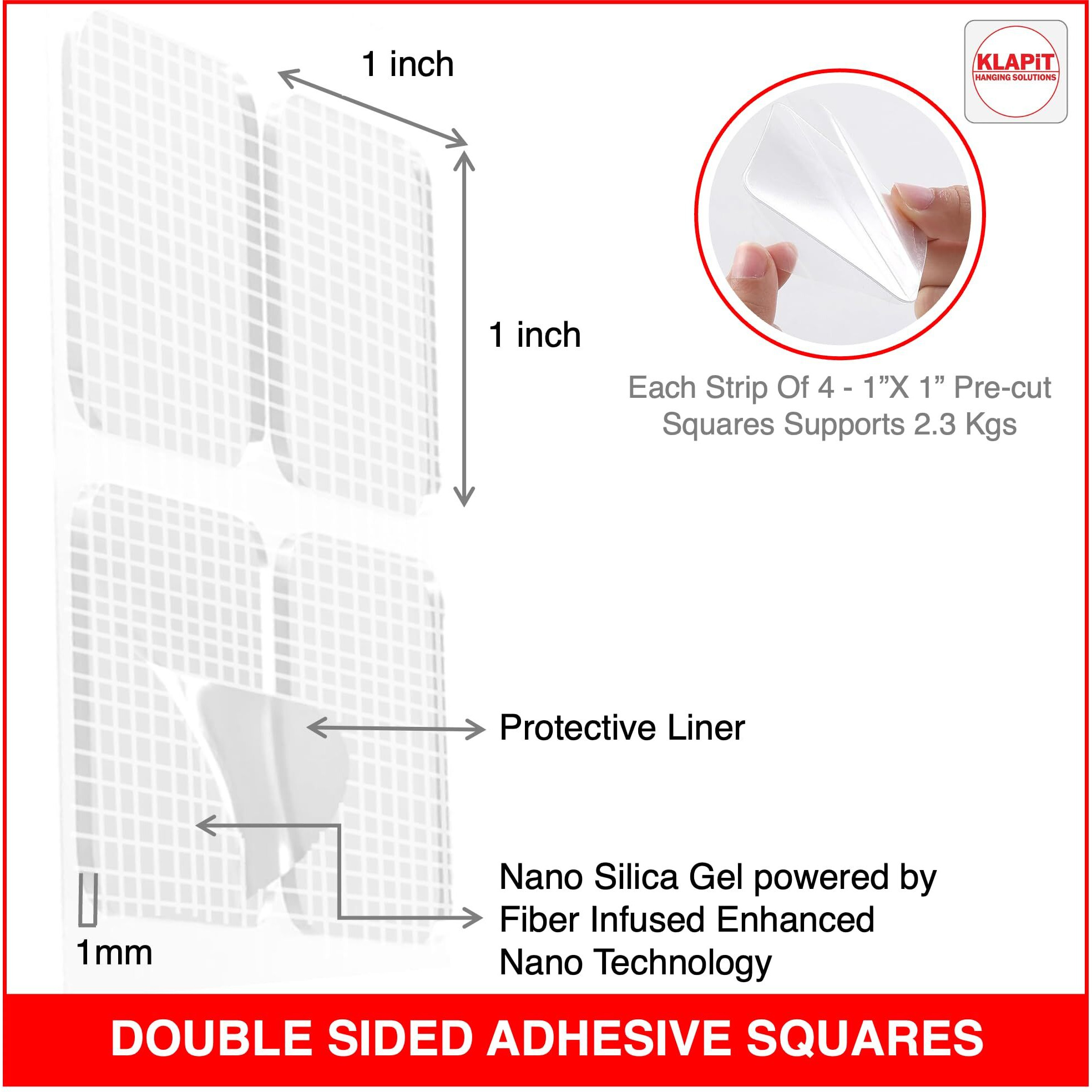 Klapit Super Strip Gripzilla 1 Inch Pre-Cut Heavy Duty, Double Sided Squares Holds 9Kg Clear Waterproof Nano Tape, Strong Adhesion Instant Use - Wall Wood Tile Glass Metal Stone, Indoor Outdoor 48Pc