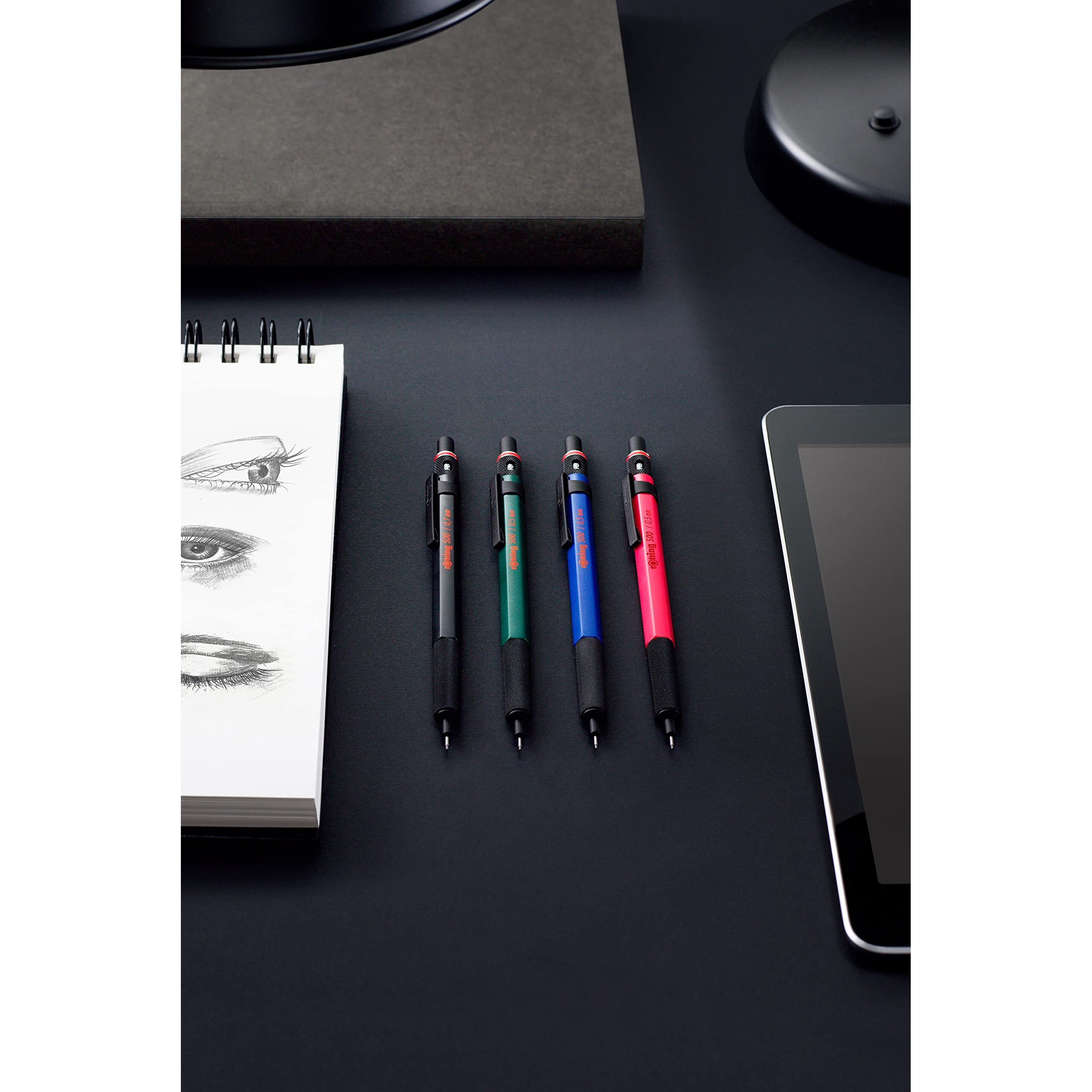 Rotring 0.5Mm Mechanical Lead Pen Pencil Matte Red Abs Plastic Body Hexagonal Body Non-Slip Textured Metal Grip Click Mechanism 500 Series Lead Indicator Ideal For Technical Drawing