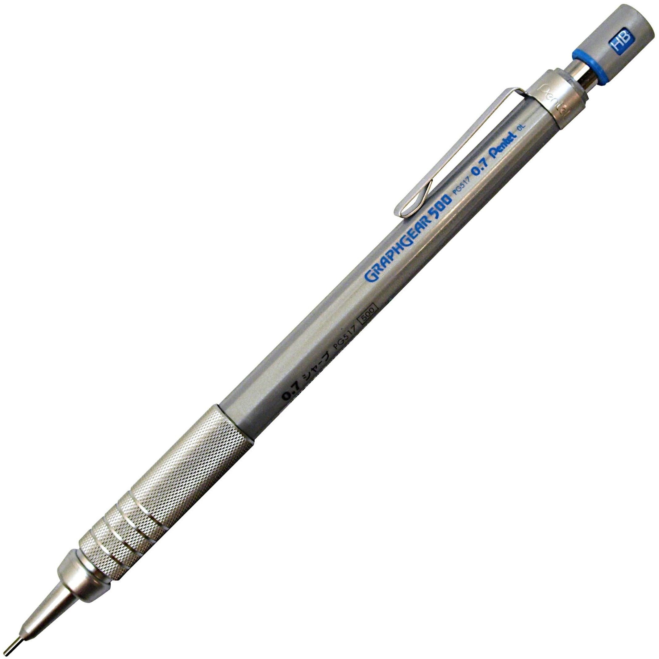 Pentel Graphgear 500 0.7 Mm Hb Mechanical Pencil | Lead Of Grade Hb | Mini Interchangeable Eraser With Push Mechanism | Silver Plated Swing Grip | Pack Of 1 | Silver (Pg517)