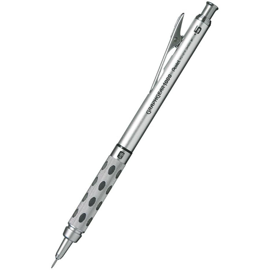 Pentel Graphgear 1000 0.5 Mm Mechanical Drafting Pencil | Metal Clip With Retractable Mechanism | Dual Metal & Rubber Grip | Pack Of 1 | Silver & Black (Pg1015)