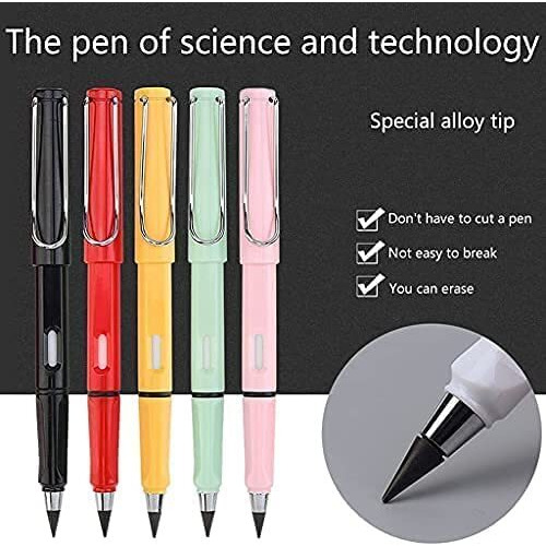 Mil9Us 4 Pcs Never Ending Inkless Pencils, Infinity Everlasting Pencil With 2Pcs Replaceable Graphite Nib, Portable Eraser Unlimited Writing Pencils, Triangle Golf Stationary Set