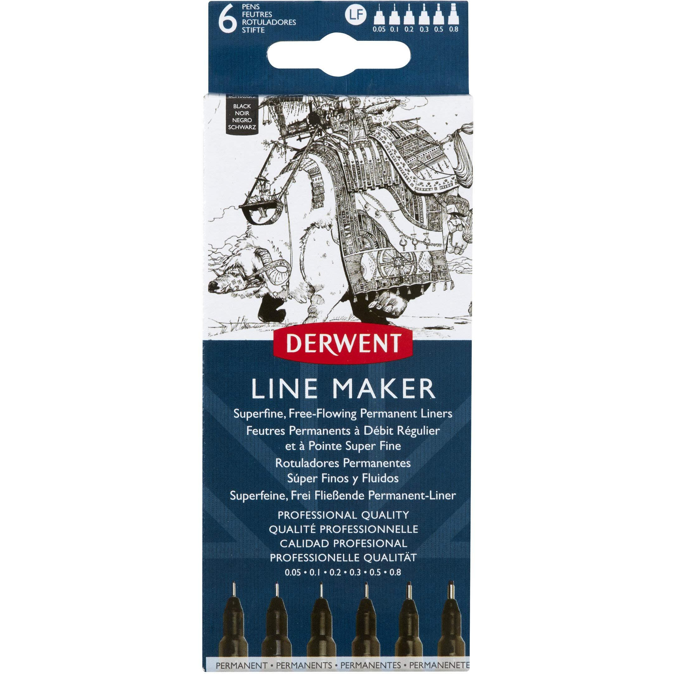 Derwent Line Maker Drawing Pens Superfine Free-Flowing Permanent Liners, Black (Set Of 6)