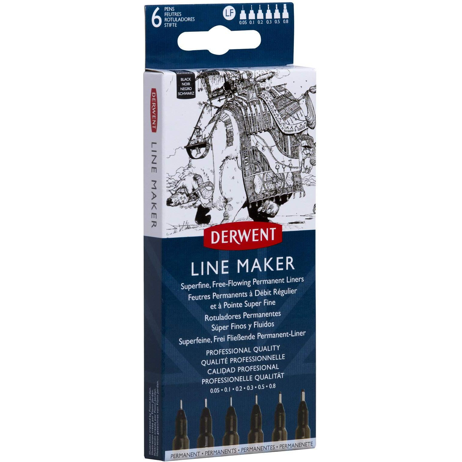 Derwent Line Maker Drawing Pens Superfine Free-Flowing Permanent Liners, Black (Set Of 6)
