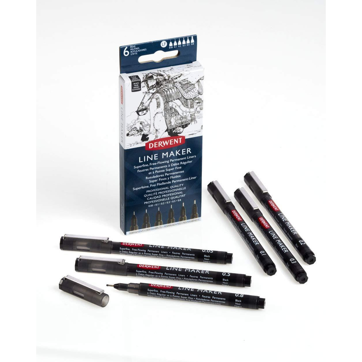 Derwent Line Maker Drawing Pens Superfine Free-Flowing Permanent Liners, Black (Set Of 6)