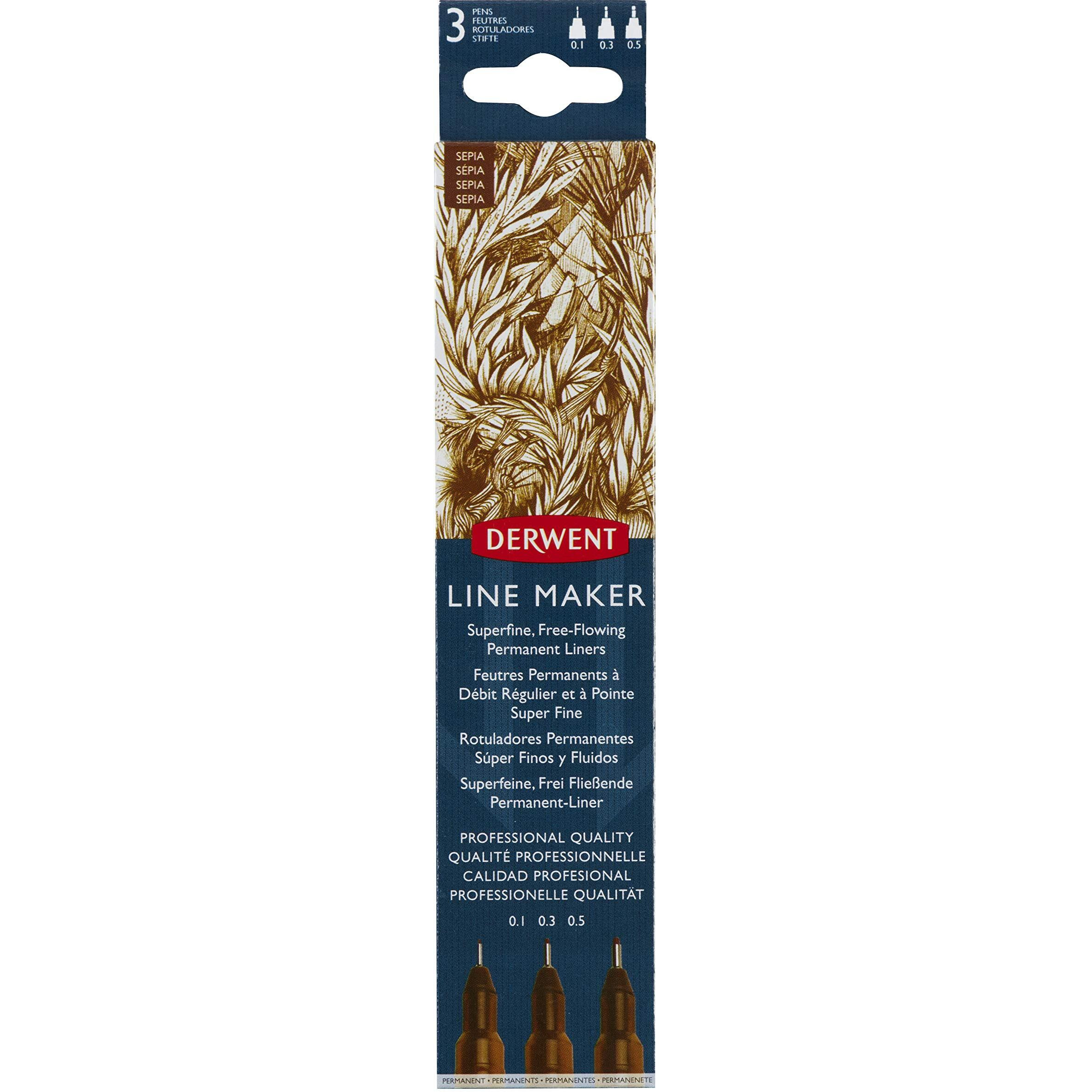 Derwent Line Maker Drawing Pens Superfine Free-Flowing Permanent Liners, Sepia (Set Of 3)