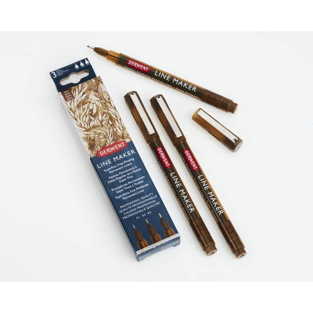 Derwent Line Maker Drawing Pens Superfine Free-Flowing Permanent Liners, Sepia (Set Of 3)