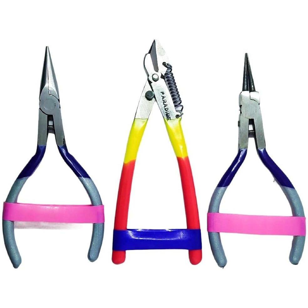 Paradise Tools (India) Silk Thread Jewellery Making Pliers Combo Flat, Round And Side Cutter Nose Plier (Multicolour) - Pack Of 3 Pieces (Jk-3-Mini)