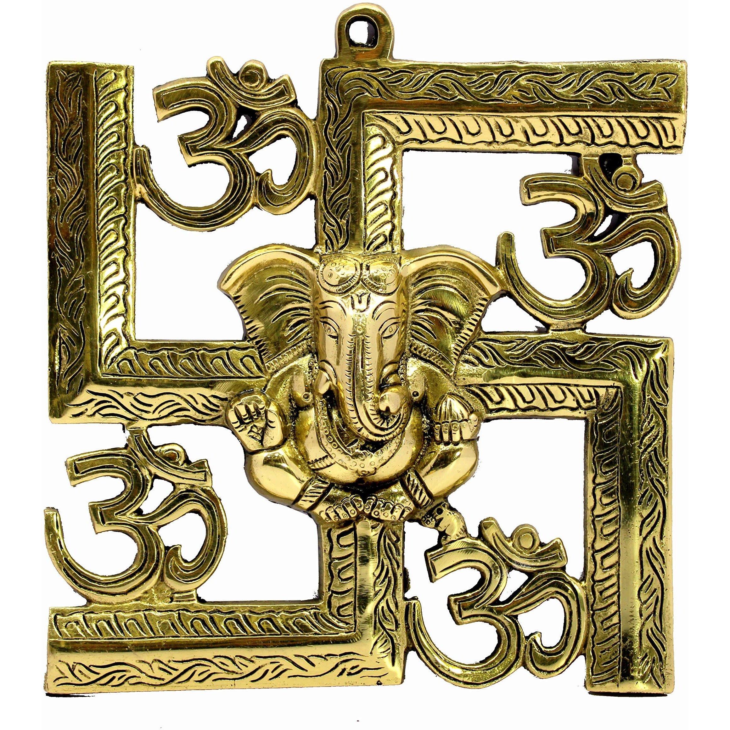 Esplanade Brass Om Aum Swastik Sathiya And Ganesha Ganesh Wall Hanging Yantra - 8.5" Inches (Big Size)