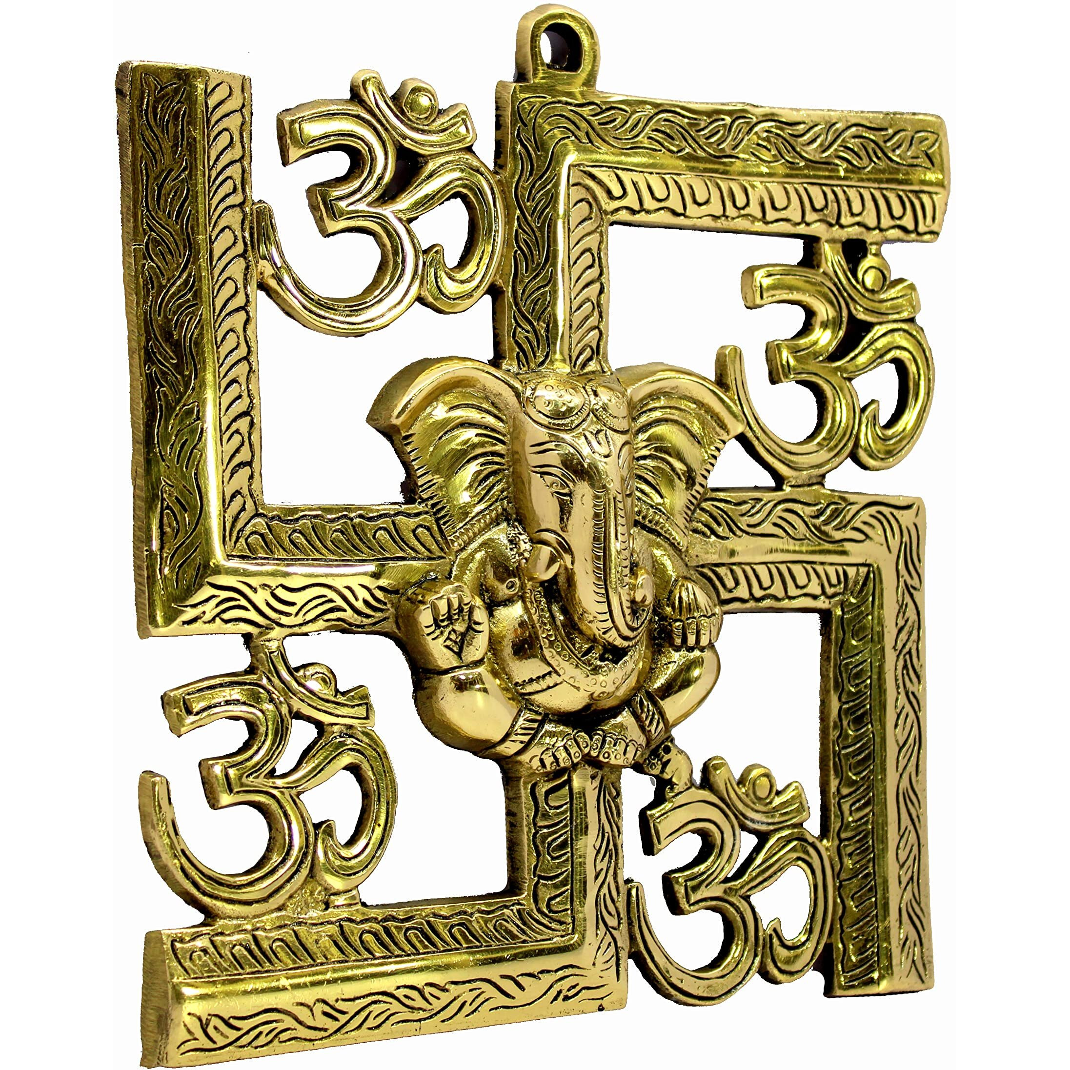 Esplanade Brass Om Aum Swastik Sathiya And Ganesha Ganesh Wall Hanging Yantra - 8.5" Inches (Big Size)