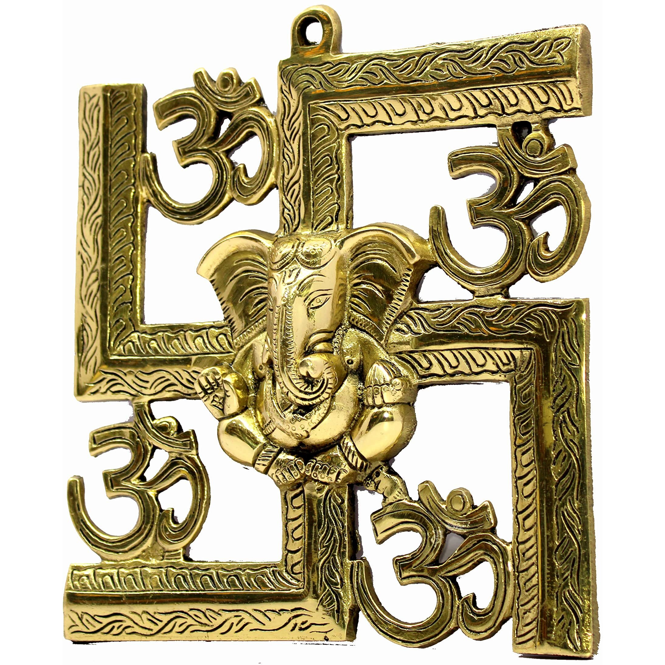 Esplanade Brass Om Aum Swastik Sathiya And Ganesha Ganesh Wall Hanging Yantra - 8.5" Inches (Big Size)