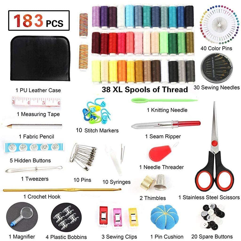 Sewing Kit 183 Pcs Diy Sewing Supplies With 38 Xl Thread Spools, Scissors, Needles, Pins, For Home,Travel, School, Beginner, Adults,Emergency Accessories With All In One Portable Leather Carrying Case