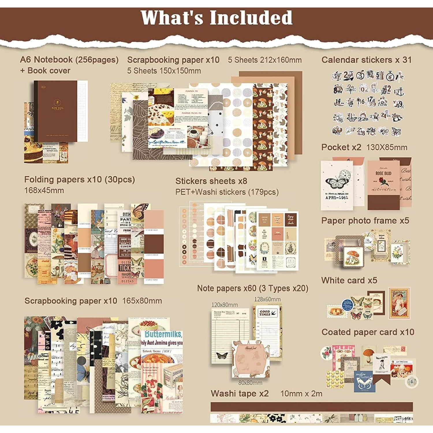 Vintage Aesthetic Scrapbook Kit, 346 Pcs, A6 Grid Notebook, Washi Stickers, Envelopes, Scrapbook Papers, Folding Labels, Photo Frames, Diy Decoration Paper Stickers Craft Kits Notebook Album Aesthetic Tape Calendar Stickers (Vintage, 10 Cm)