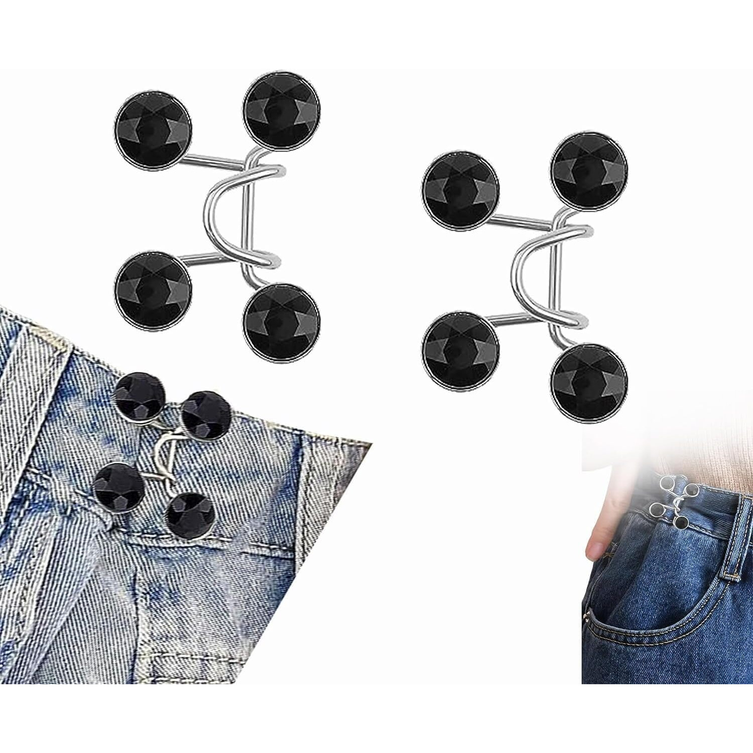 Tonity Pant Waist Tightener, Adjustable Waist Buckle Set, Extra Button For Jeans To Make Tighter, Instant Jeans Button Pins For Pants Jeans Skirts, (2, Black Diamond Waist Pin)