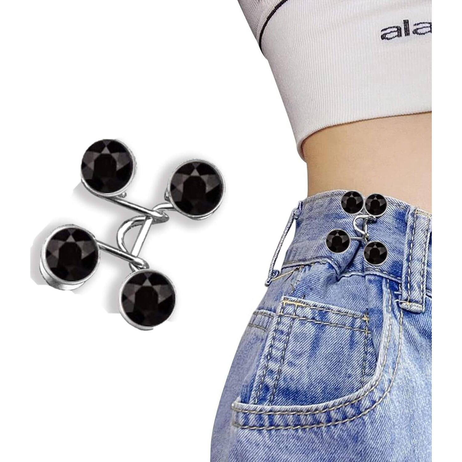 Tonity Pant Waist Tightener, Adjustable Waist Buckle Set, Extra Button For Jeans To Make Tighter, Instant Jeans Button Pins For Pants Jeans Skirts, (2, Black Diamond Waist Pin)