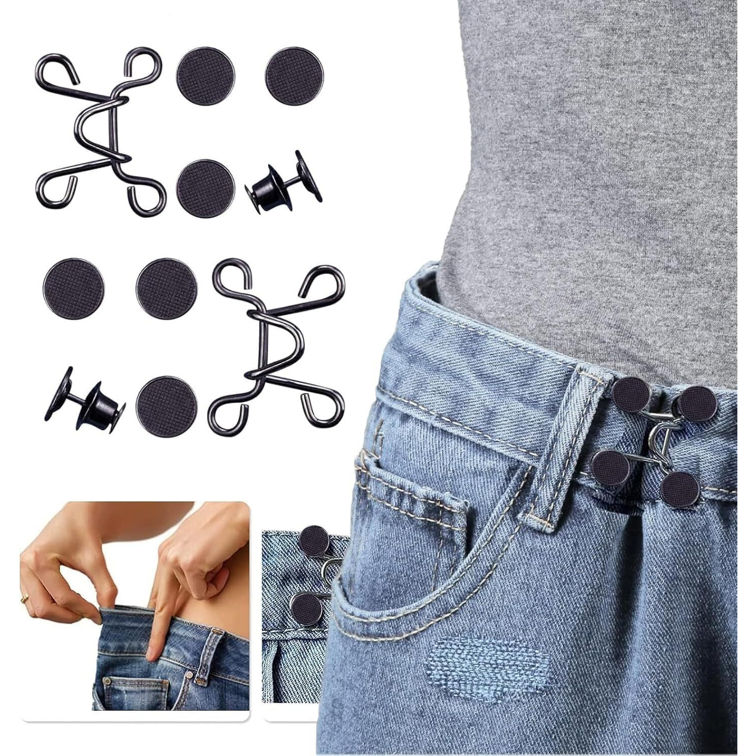 Tonity 2 Sets Of Adjustable Waist Buttons For Pants, Instant Jeans Button Pins Pant Waist Tightener Adjuster Detachable Pin Buttons For Loose Jeans, Skirts (Black Flat)