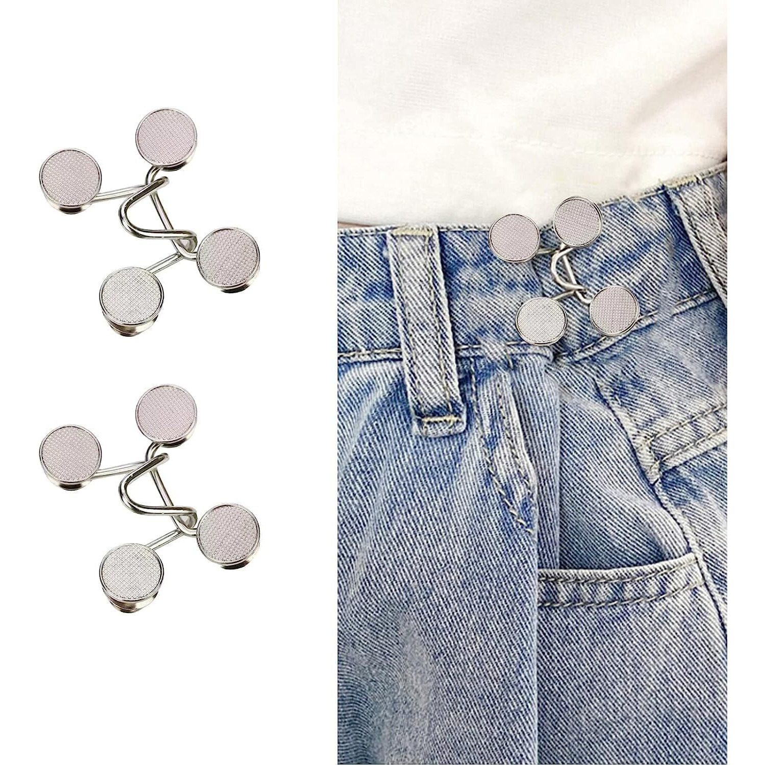 Tonity 2 Sets Of Adjustable Waist Buttons For Pants, Instant Jeans Button Pins Pant Waist Tightener Adjuster Detachable Pin Buttons For Loose Jeans, Skirts (Silver Flat)