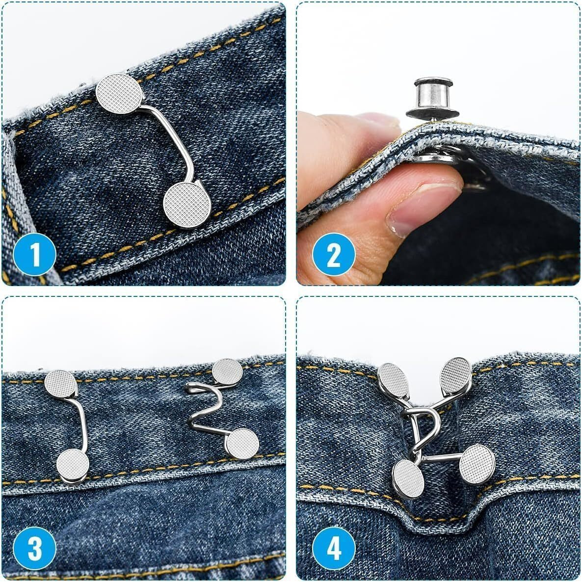 Tonity 2 Sets Of Adjustable Waist Buttons For Pants, Instant Jeans Button Pins Pant Waist Tightener Adjuster Detachable Pin Buttons For Loose Jeans, Skirts (Silver Flat)