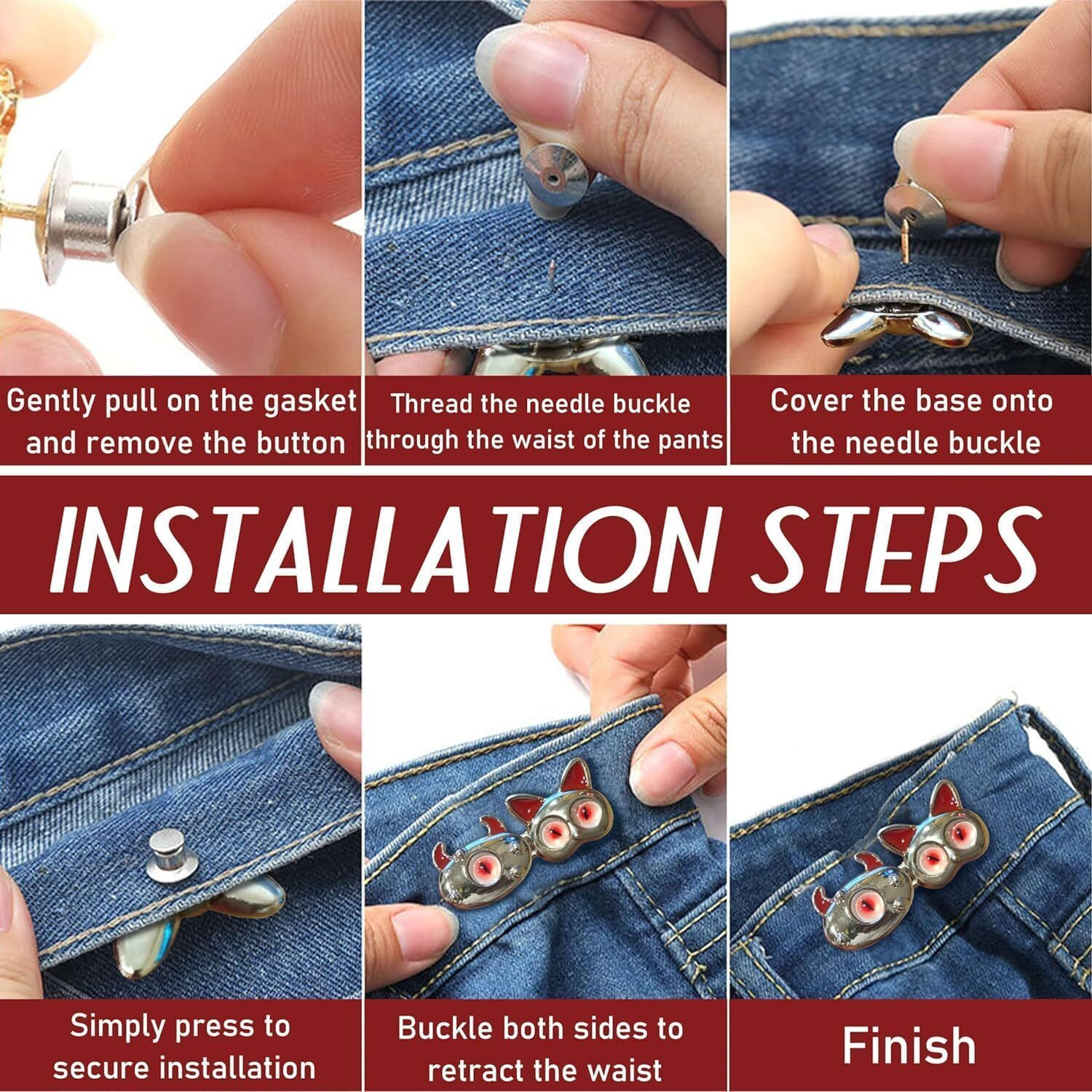 Tonity 2 Sets Of Adjustable Waist Buckle For Pants, Instant Jeans Button Pins Pant Waist Tightener Adjuster Detachable Pin Buttons For Loose Jeans, Skirts (Red 2Psc)