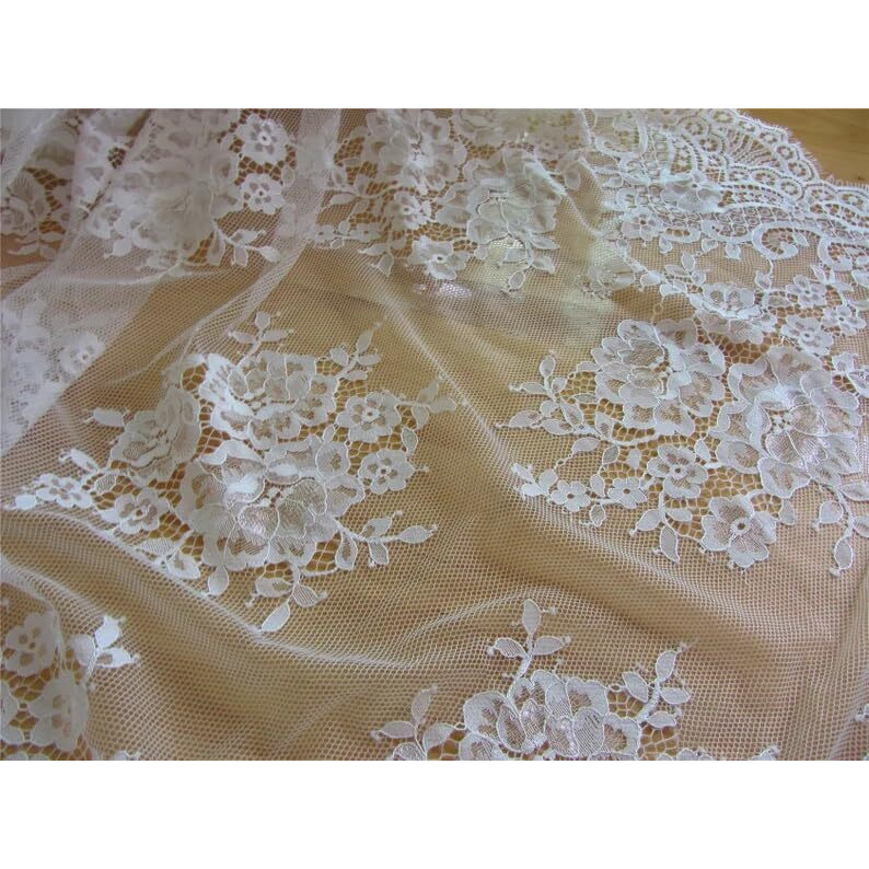 Orient Lace Craft White Chantilly Net Scallop Lace Fabric Nylon Floral Eyelash Fabric For Gown, Sewing Dress Skirt Decor Diy Handicrafts 3 Mtr Width 60 Inch