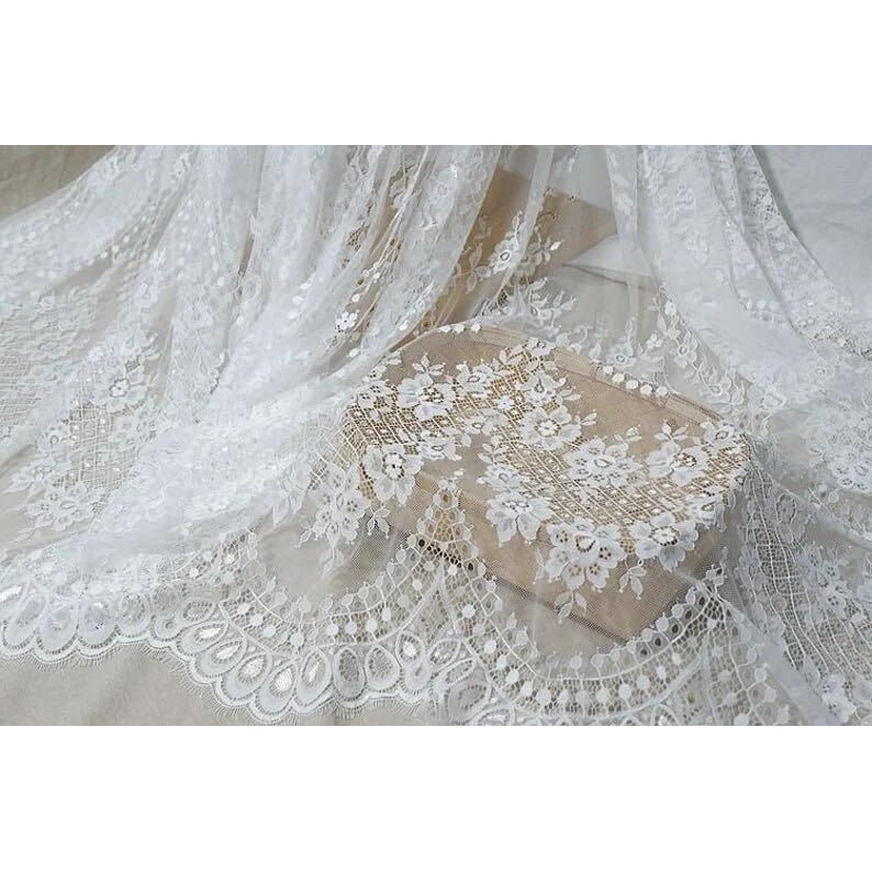 Orient Lace Craft White Chantilly Net Scallop Lace Fabric Nylon Floral Eyelash Fabric For Gown, Sewing Dress Skirt Decor Diy Handicrafts 3 Mtr,Width  152 Cm