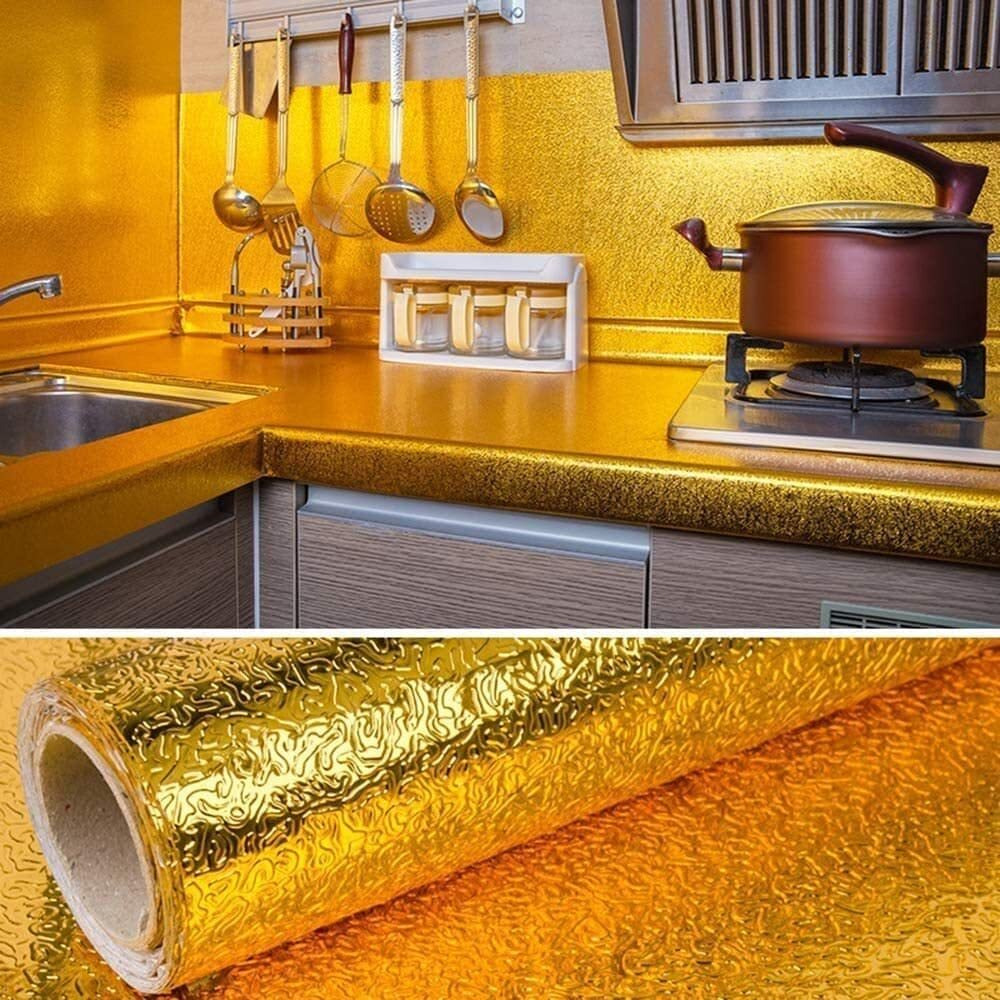 Vrokla 60Cm X 200Cm Kitchen Wallpaper Oil Proof Waterproof, Self-Adhesive Wall Sticker For Kitchen Anti-Mold And Heat Resistant Aluminium Backsplash Wallpaper For Walls (Gold Flower)