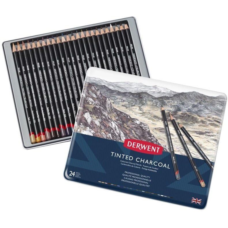 Derwent Tinted Charcoal Drawing Pencils Blister, Watersoluble Pencils, Ideal For Smuding And Blending, Professional Quality - 2301691 (Set Of 24)