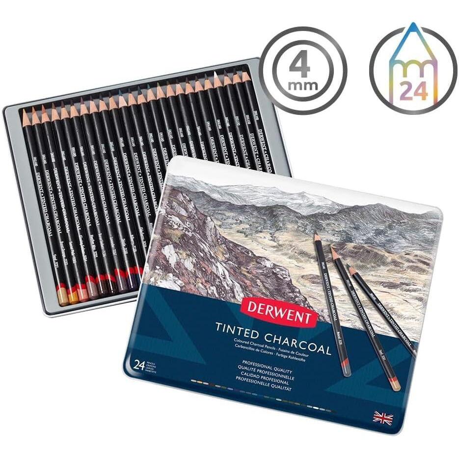 Derwent Tinted Charcoal Drawing Pencils Blister, Watersoluble Pencils, Ideal For Smuding And Blending, Professional Quality - 2301691 (Set Of 24)