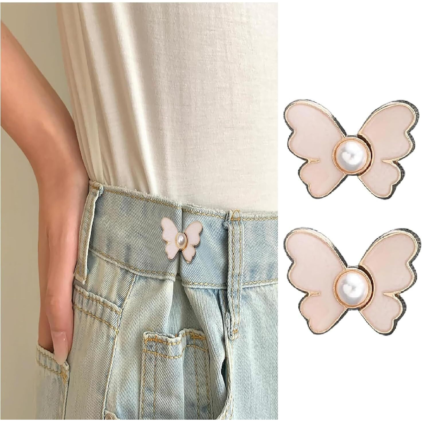 Dyrroth Adjustable Pant Waist Tightener,Adjustable Waist Buckle No Sewing Required Pants Clips For WaistButterfly Button Pins Sewing Button For For Jeans Women Skirt (2 Pair White Butterfly)