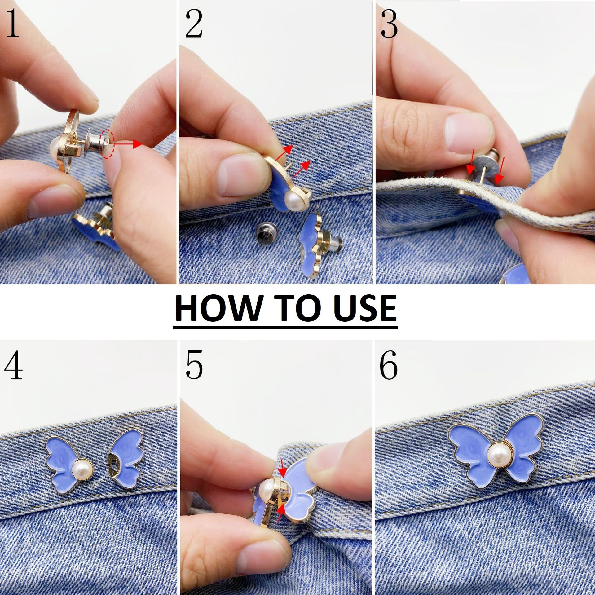 Zebroc Adjustable Buttons For Loose Jeans Pant Tightener Clip, Detachable Waist Buckles For Loose Jeans Jeans Fitting Clips For Women, No Sew And No Tools Detachable Decorative Waist Buckle (Gold, Blue Butterfly Pack Of 3)