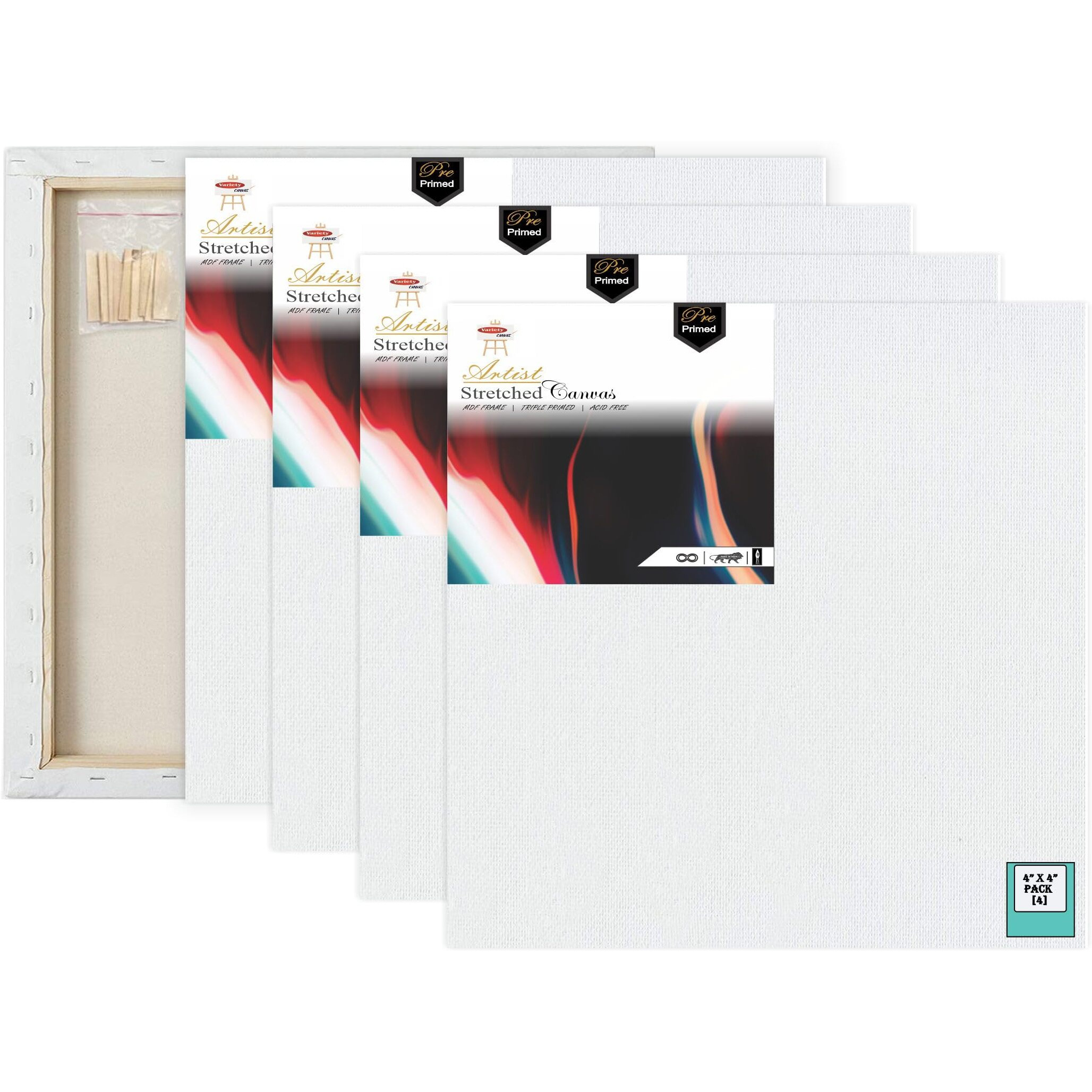 Variety Canvas Pre Stretched Canvases, 10Oz - Pack Of 4 (4 X 4 Inch)
