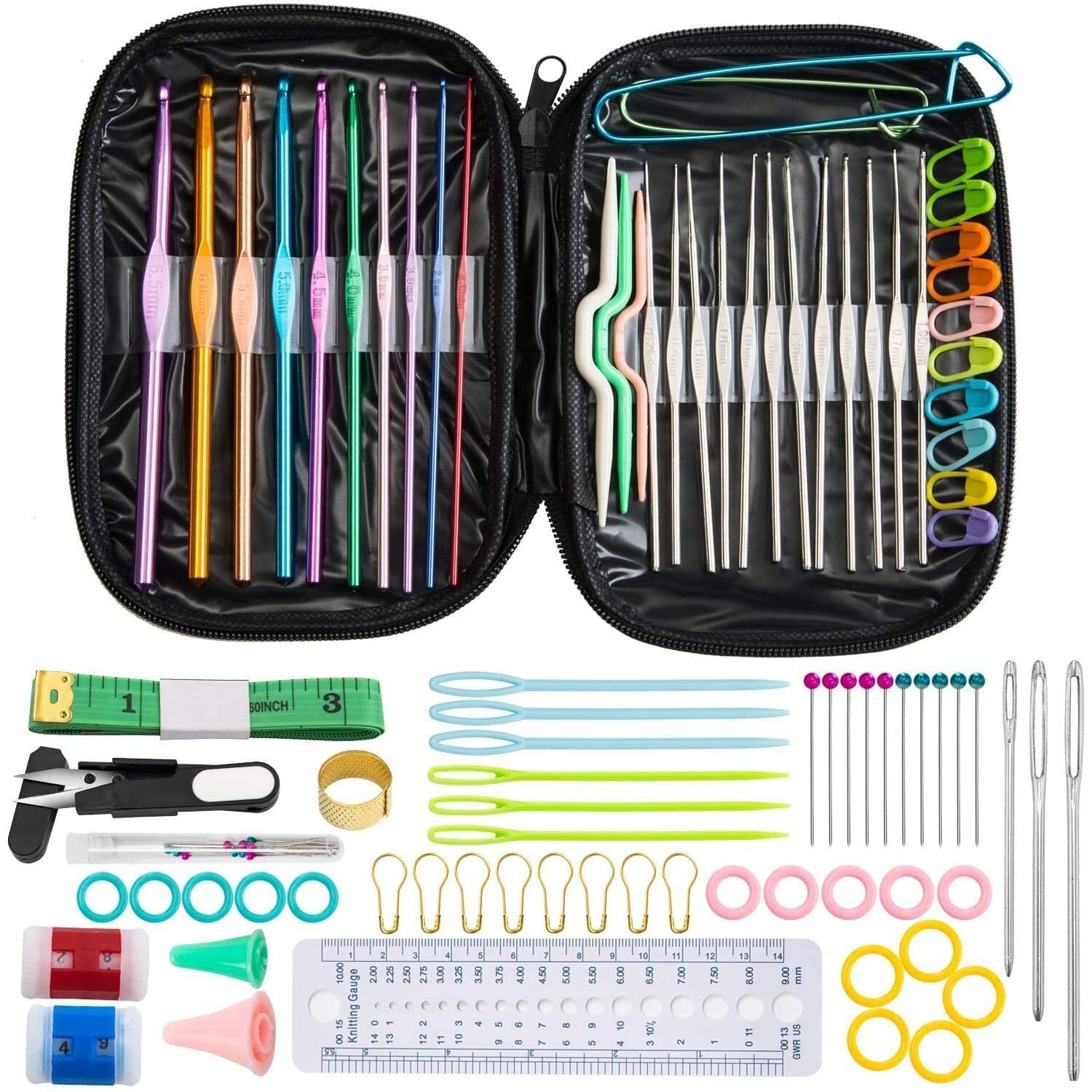 Verat 100 Pcs Crochet Hook Set With Yarn Knitting Needles Sewing Tools Full Set | Knit Gauge Scissors Stitch Holders Household Tool Kit (Multicolor, 100Pc Crochet)