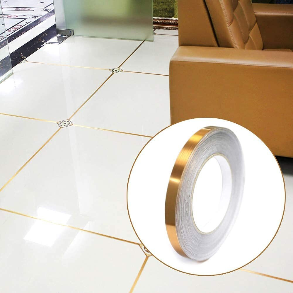Tomex Metalized Polyester 10Mm Gold Film Border Lining Metallic Tape For Floor Tile Wall Cabinet Gold Strip Sticker| Gold Foil Lines Waterproof Tape| Gold Flooring Tape For Home/Office Dcor.