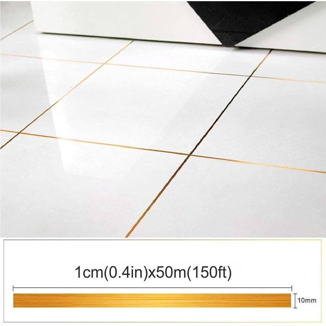Tomex Metalized Polyester 10Mm Gold Film Border Lining Metallic Tape For Floor Tile Wall Cabinet Gold Strip Sticker| Gold Foil Lines Waterproof Tape| Gold Flooring Tape For Home/Office Dcor.