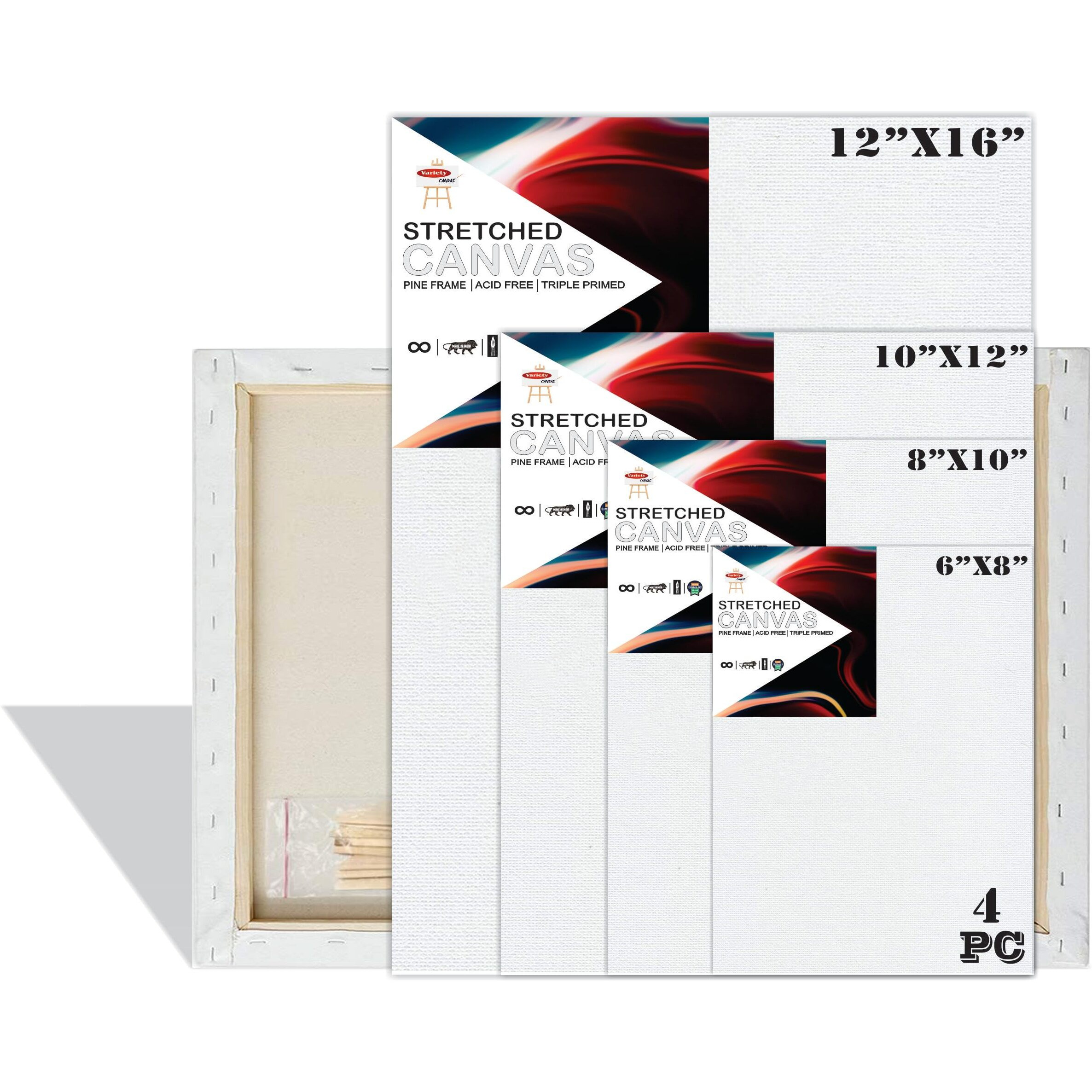 Variety Canvas Stretched Canvas 12X16 10X12 8X10 6X8 10Oz Triple Primed Cotton Pre Stretched Canvas With Wooden Frame - Multi Size - Set Of 4