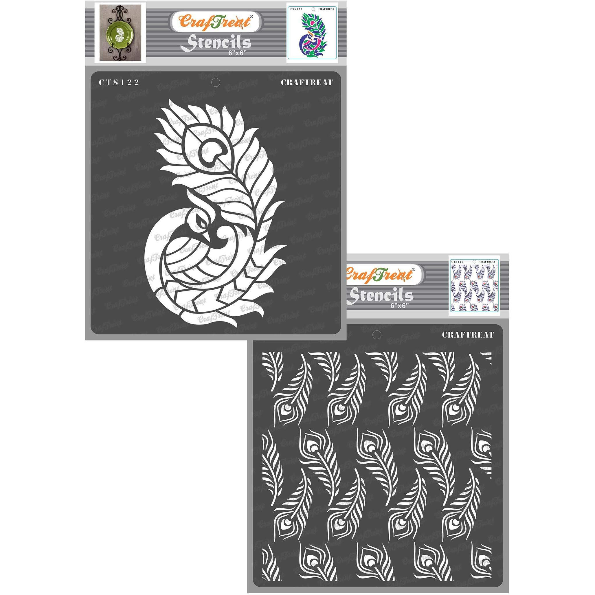 Craftreat Peacock Feather Stencil For Fabric - Side Feathered Peacock And Peacock Feather Background Stencil (2Pcs) - Size 6X6 Inches (2 Pcs)- Peacock Stencils For Craft And Art