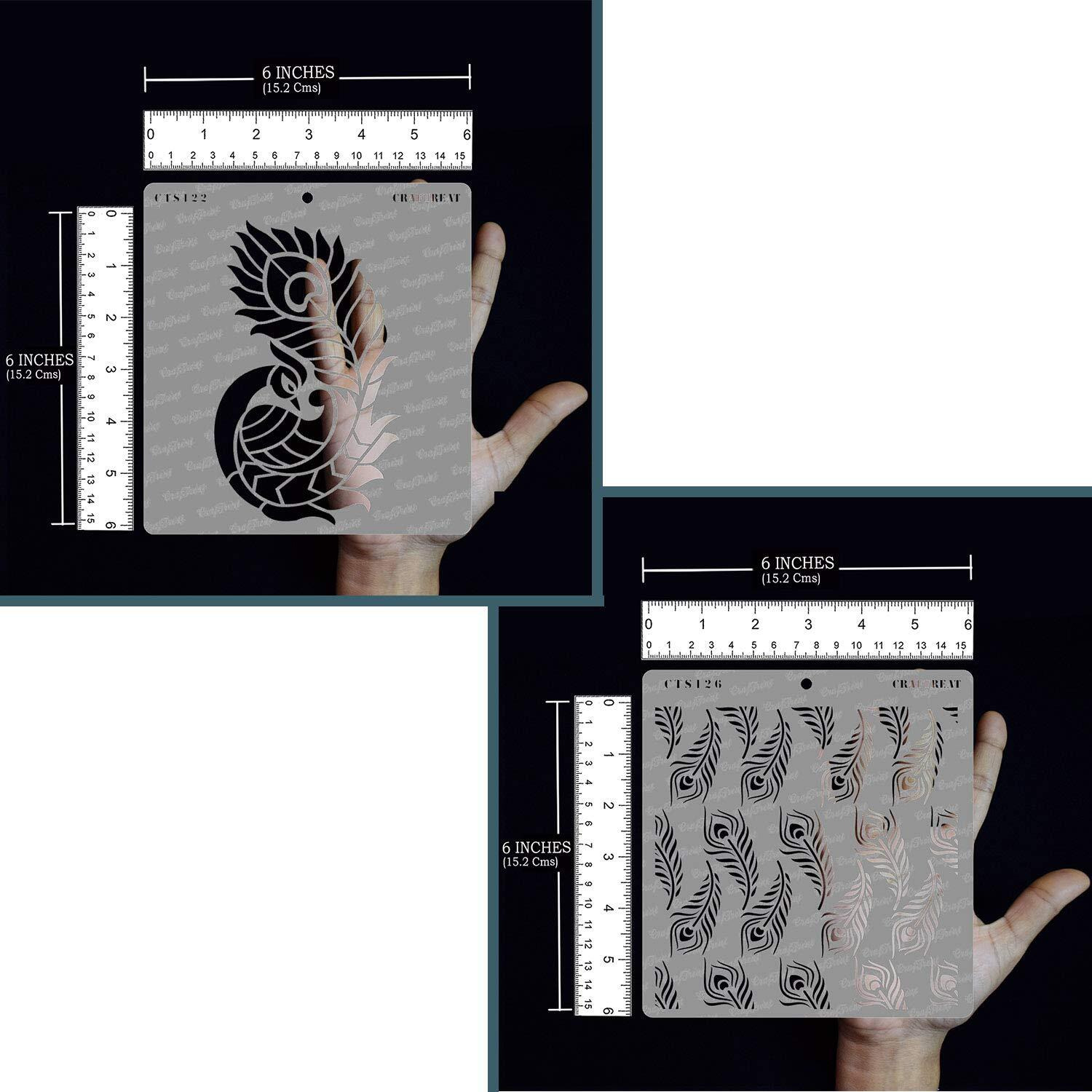 Craftreat Peacock Feather Stencil For Fabric - Side Feathered Peacock And Peacock Feather Background Stencil (2Pcs) - Size 6X6 Inches (2 Pcs)- Peacock Stencils For Craft And Art