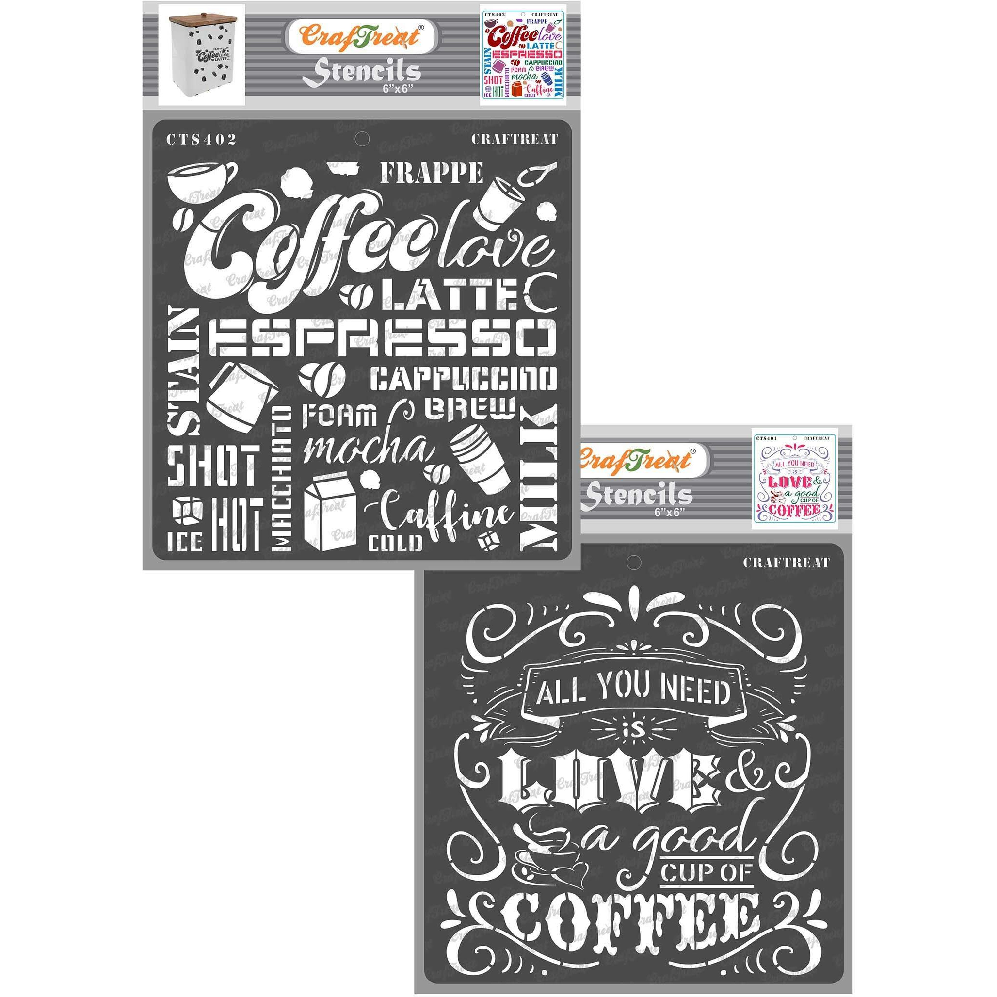 Craftreat Coffee Stencils Combo Pack For Craft - Coffee Love & Coffee - Size 6X6 Inches (2Pcs)- Coffee Stencils Reusable - Word Stencils For Craft - Quotes Stencils For Kitchen