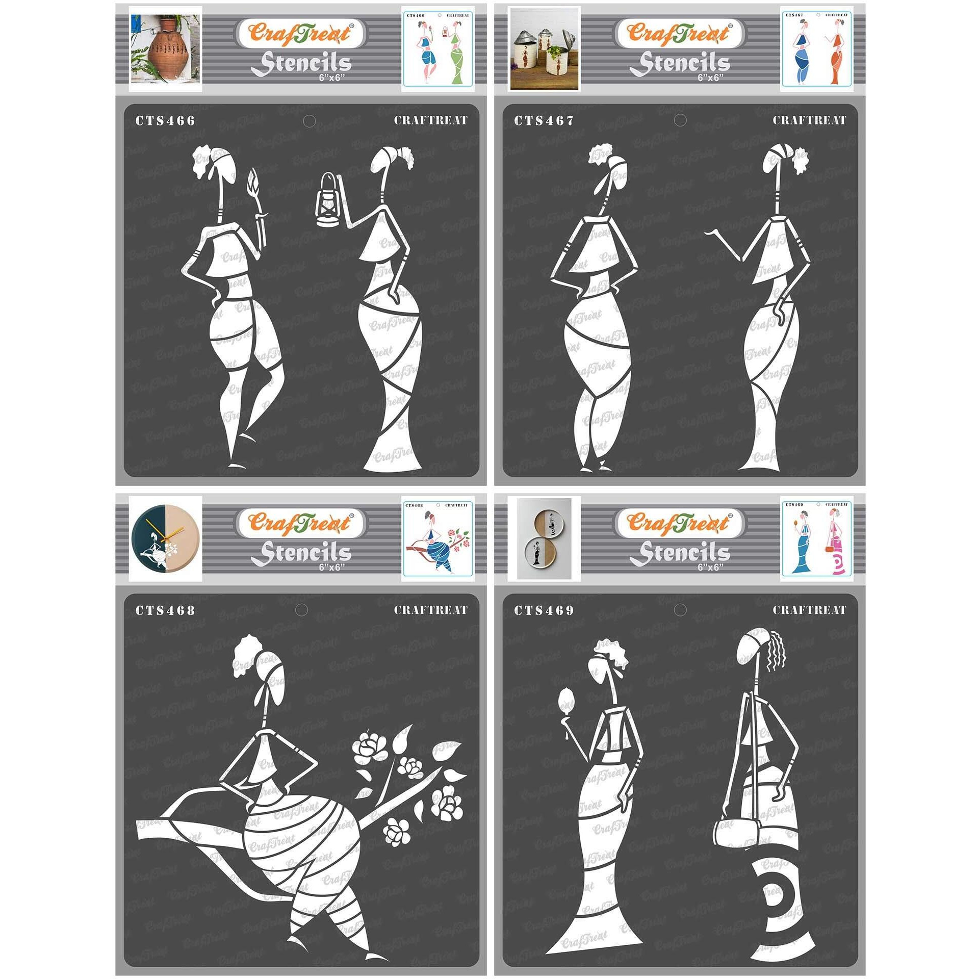 Craftreat Tribal Figure Stencil - Admiring Nature, Chatting, Sitting On A Branch & Beauty Conscious - Size  6X6 Inches (4Pcs) - Tribal Art Stencil For Craft - Stencils For Tribal - Stencil Combo Pack