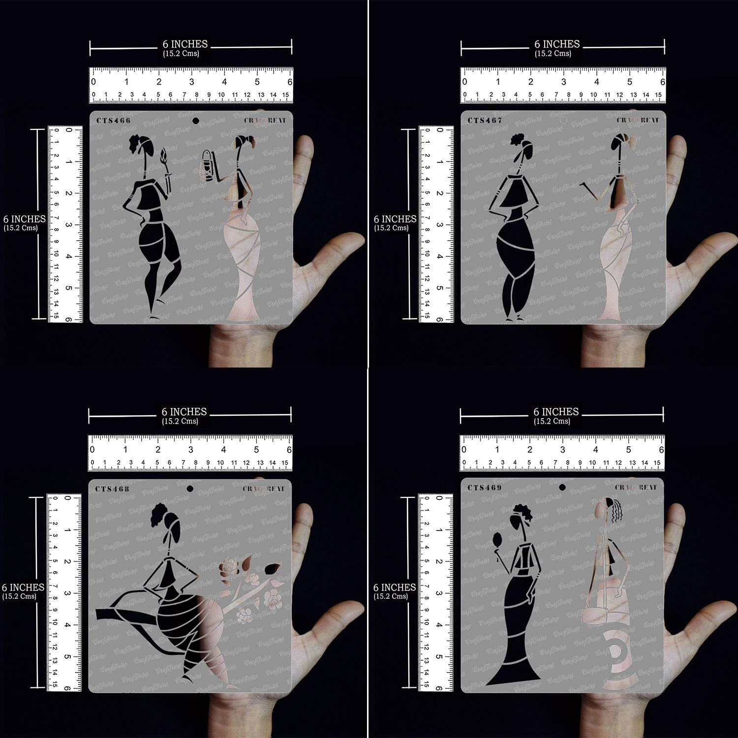 Craftreat Tribal Figure Stencil - Admiring Nature, Chatting, Sitting On A Branch & Beauty Conscious - Size  6X6 Inches (4Pcs) - Tribal Art Stencil For Craft - Stencils For Tribal - Stencil Combo Pack