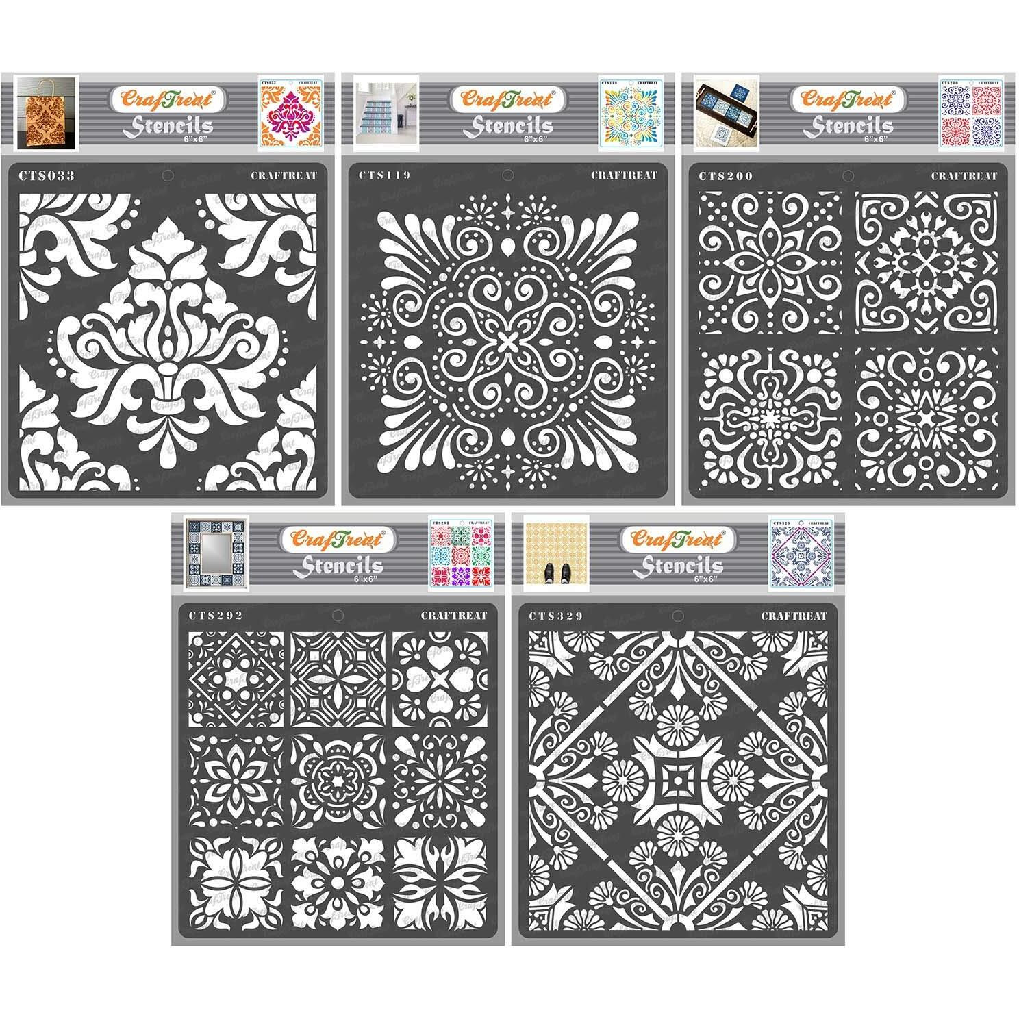 Craftreat Tile Stencil Bundle - Size 6X6 Inches (5Pcs) - Reusable Stencils For Flooring And Wall