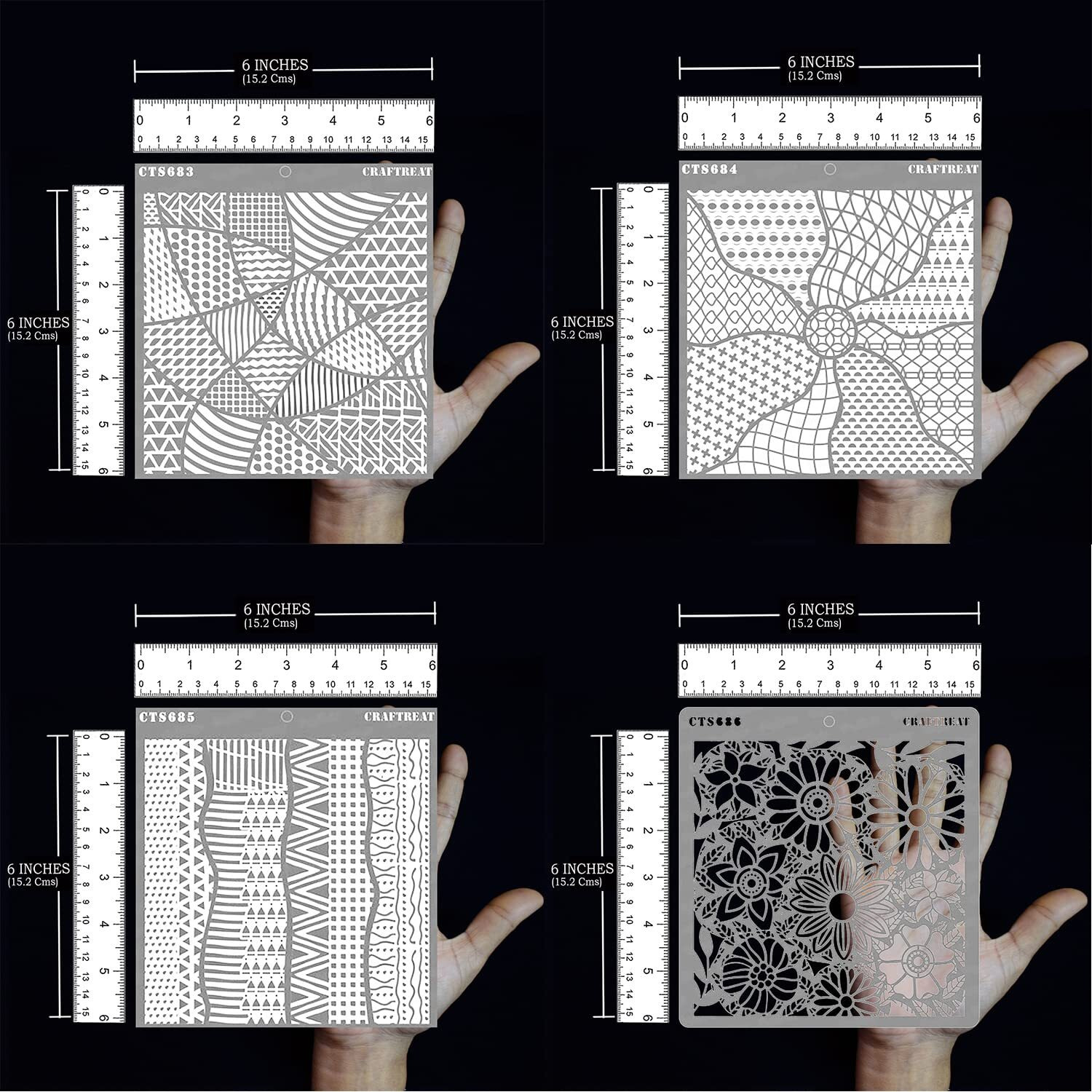 Craftreat Pattern Stencils For Craft And Art - Enclosed Patterns, Patterned Sun Rays, Patterned Partitions And Patterned Circles - Size 6X6 Inches (4 Pcs) - Geometric Pattern Stencils