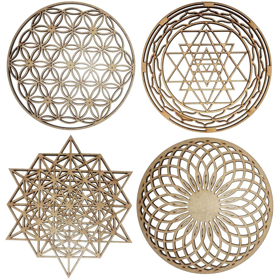 Purpledip Wooden Laser Cut Wall Hanging Divine Shapes Yoga Meditation Set Of 4 Sri Yantra, Sacred Flower, 64 Star Tetrahedron & Fountain Of Energy, Unfinished (12381)