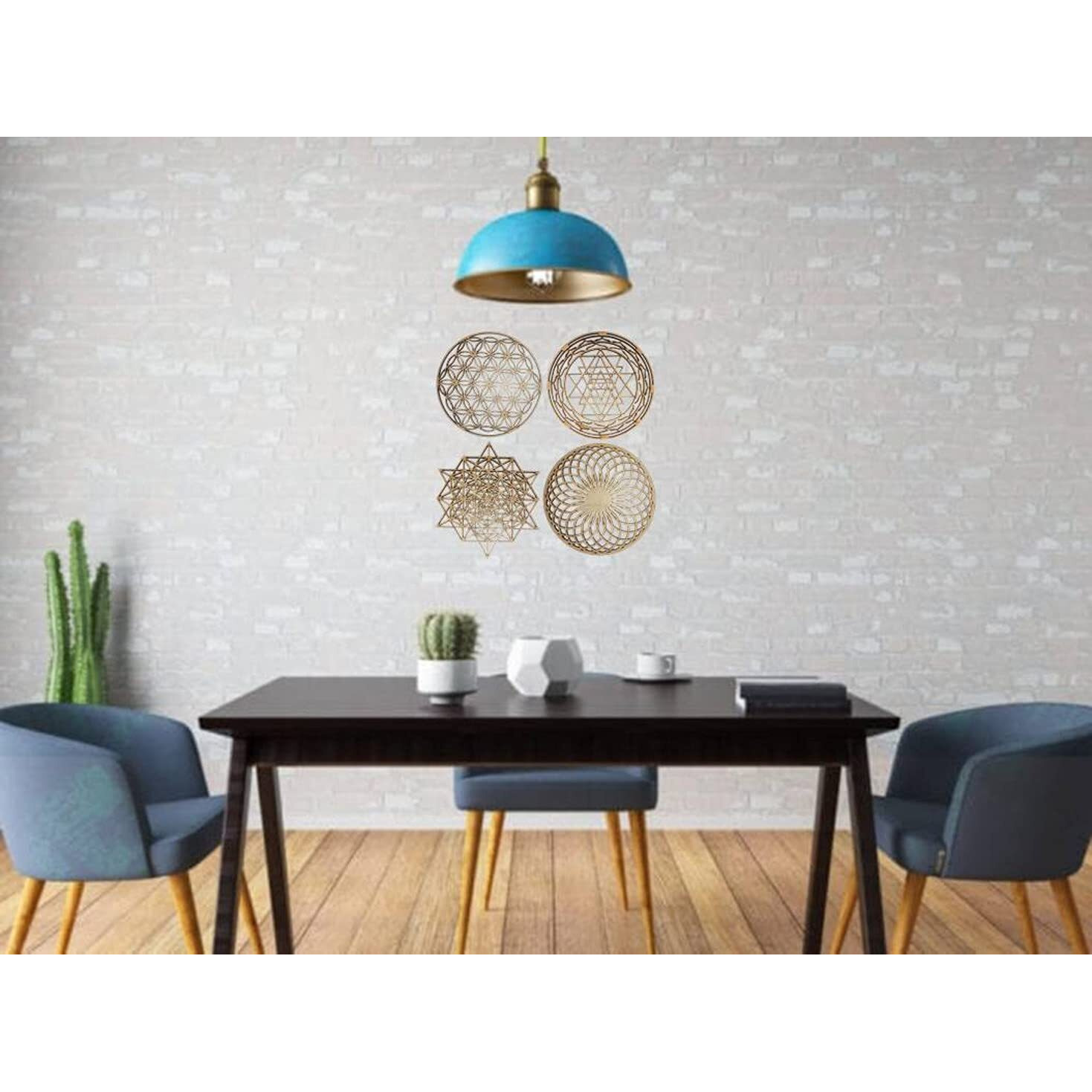 Purpledip Wooden Laser Cut Wall Hanging Divine Shapes Yoga Meditation Set Of 4 Sri Yantra, Sacred Flower, 64 Star Tetrahedron & Fountain Of Energy, Unfinished (12381)