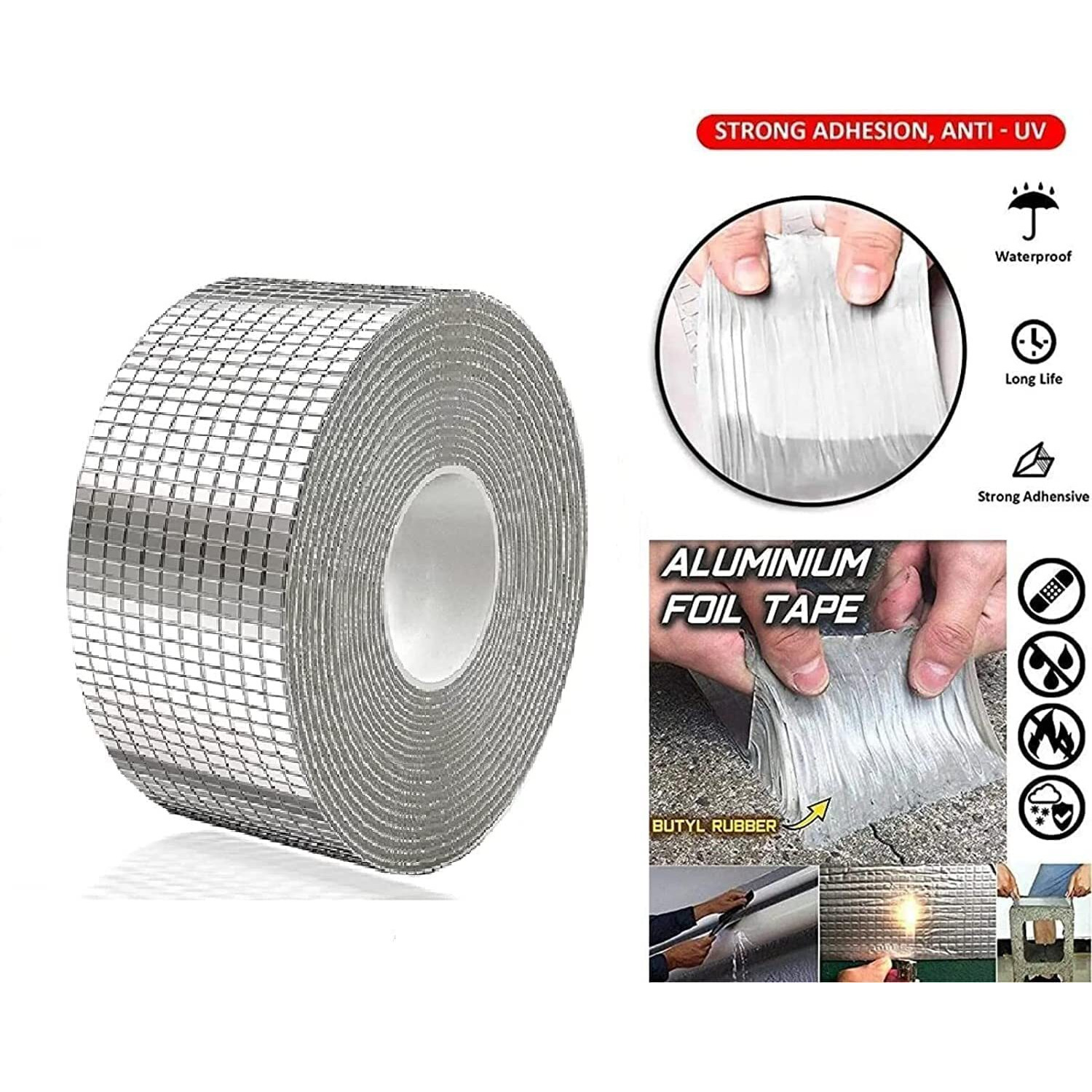 Diyashi Leakage Repair Waterproof Tape For Pipe Leakage Roof Water Leakage Solution Aluminium Foil Tape Waterproof Adhesive Tape Sealing Butyl Rubber Tape For Surface Crack,(5Cmx5M)