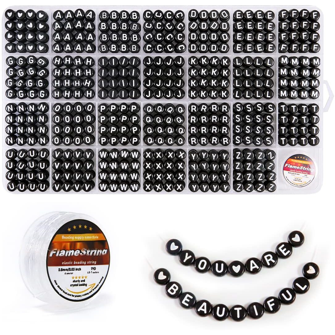 Eppingwin Letter Beads - Alphabet Beads In 28 Grid Box (White Letters & Black Base, 4 X 7 Mm Round, 1Mm Hole)